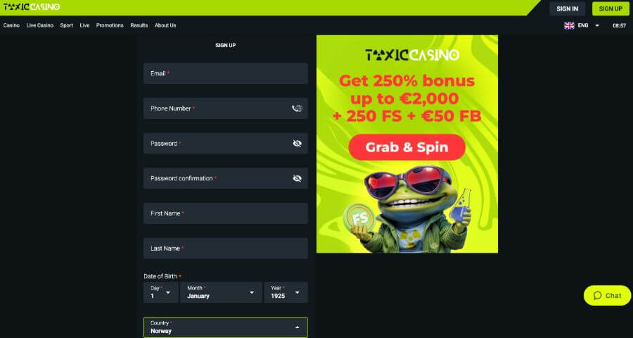 Det er enkelt og raskt å registrere en spillekonto hos Toxic casino