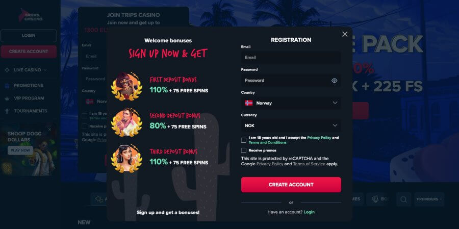 Trips Casino har en enkel registrering av en spillekonto