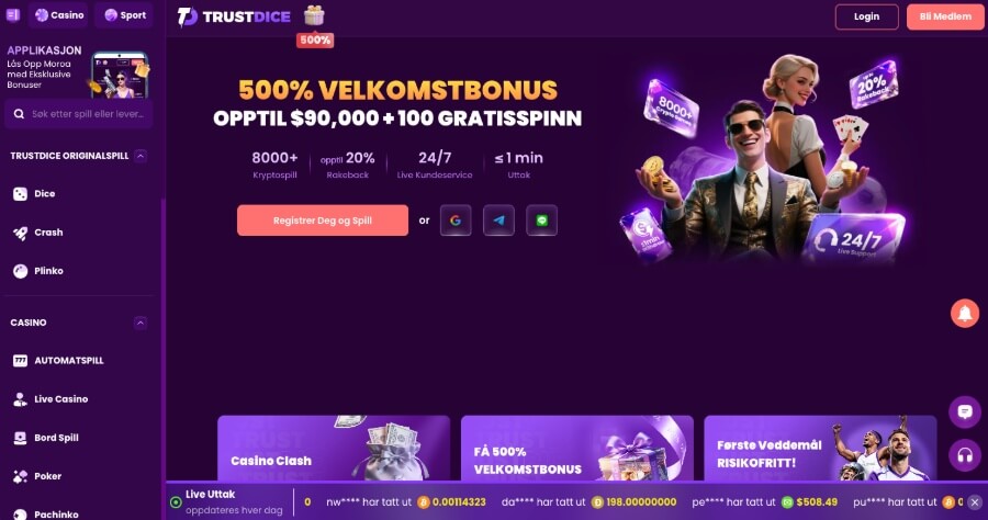Forsiden til kryptocasinoet TrustDice med en bonus