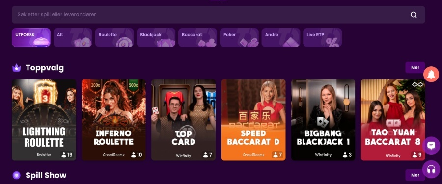 TrustDice har et live casino med klassiske bordspill og live game show-spill