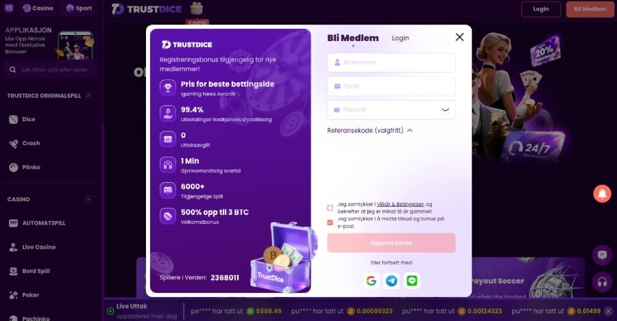TrustDice registeringsprosess