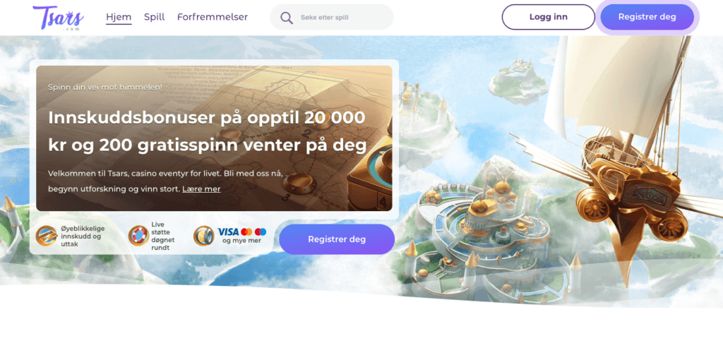 Forsiden til nettcasinoet Tsars