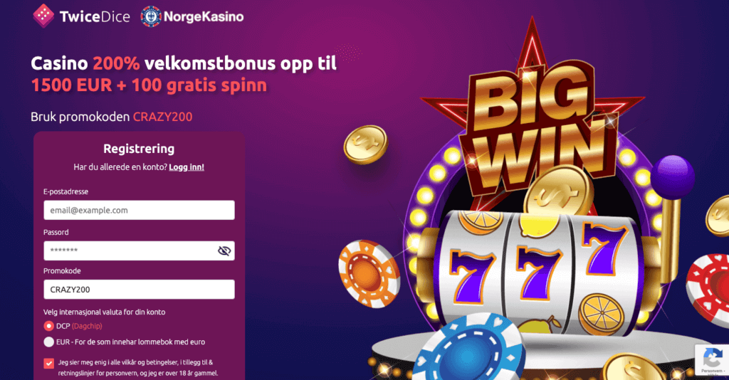 Skaff deg en eksklusiv velkomstbonus på 200% opptil 15 000 kr + 100 free spins hos TwiceDice gjennom NorgeKasino