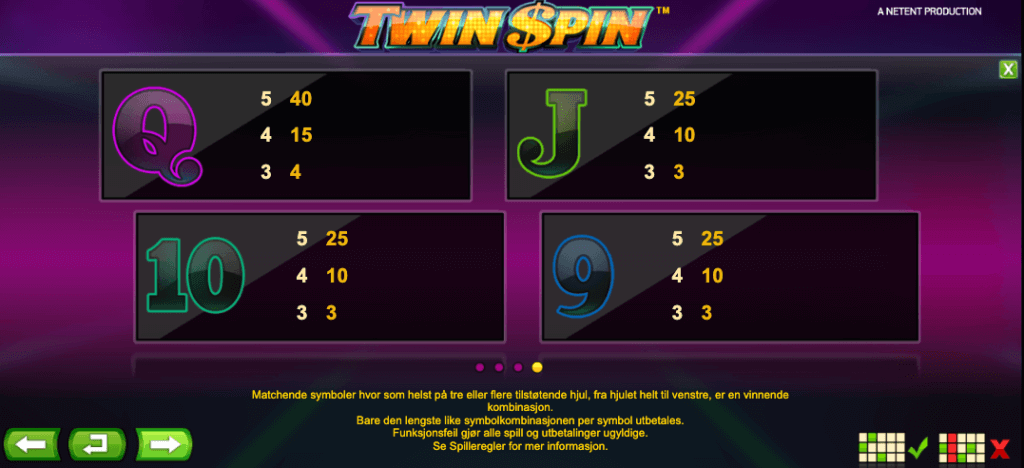 Twin Spin utbetalingstabell - lave symboler
