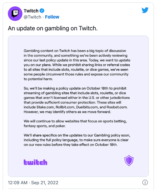 Twitch kunngjøring på Twitter