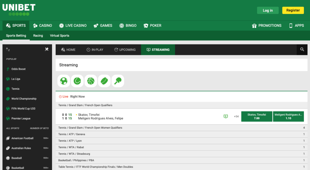 Oddssiden til Unibet Unibet har også en oddsside med liveodds og streaming
