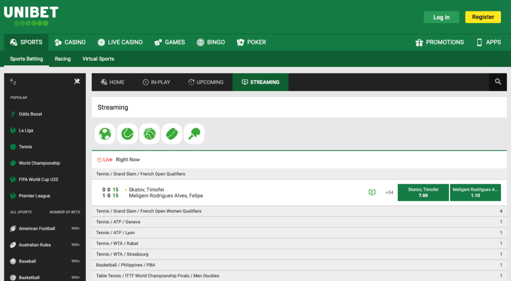 Unibet har også en oddsside med liveodds og streaming