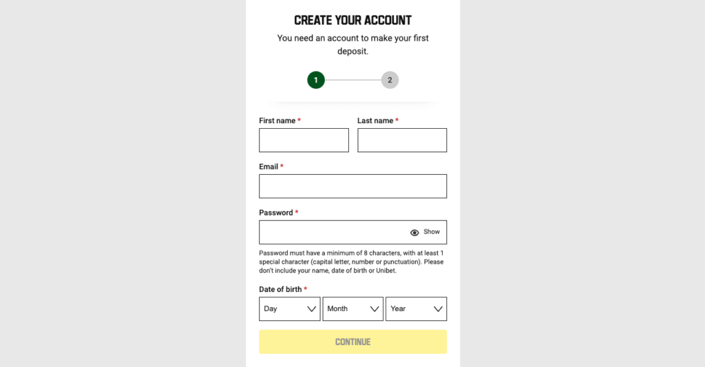 Unibet-registrering av spillekonto Registering av en spillekonto hos Unibet