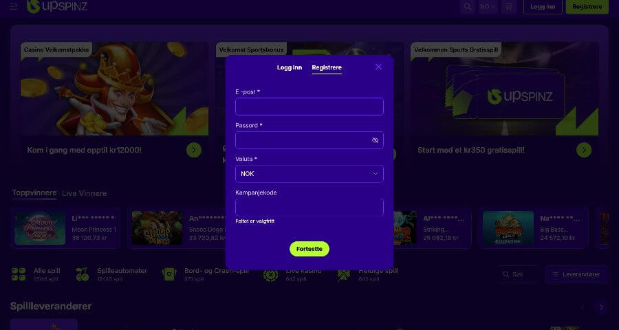 UpSpinz Registrering