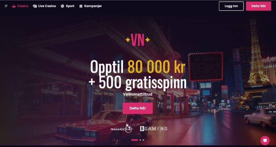 Forsiden til kryptocasinoet Vegasnow med en bonus