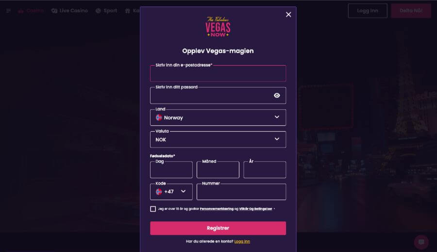 Registreringsprosessen hos Vegasnow