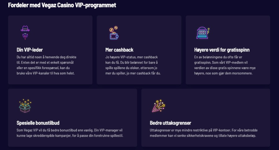 Vegaz Casino har et VIP-program som kan gi belønninger og fordeler