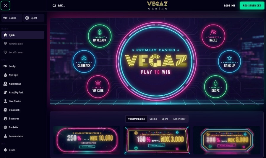 Vegaz Casino forside med bonus