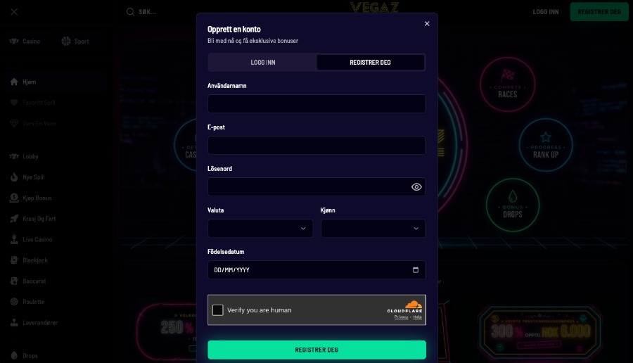 Vegaz Casino registreringsprosess
