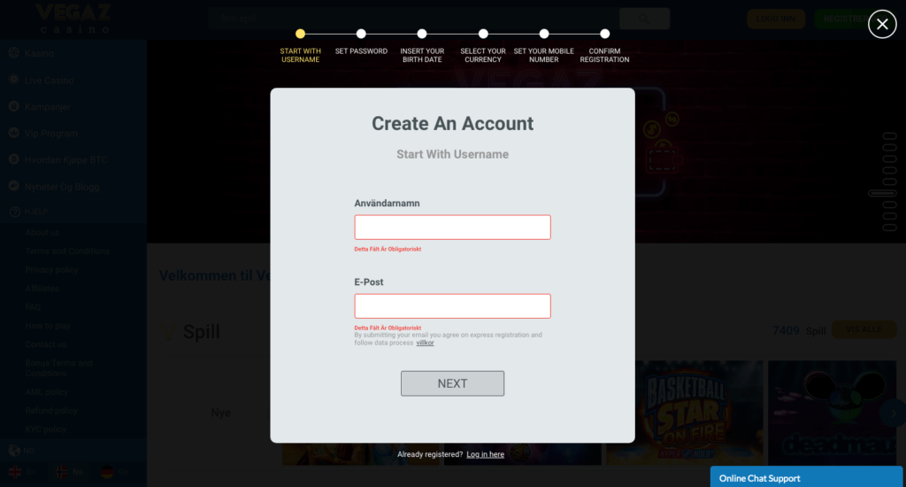 Vegaz Casino registrering