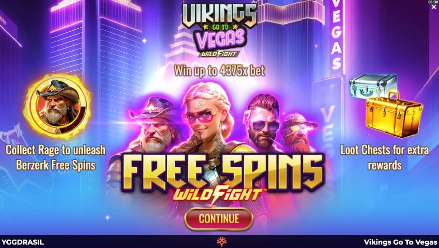 Introbilde på spilleautomaten Vikings Go To Vegas fra Yggdrasil