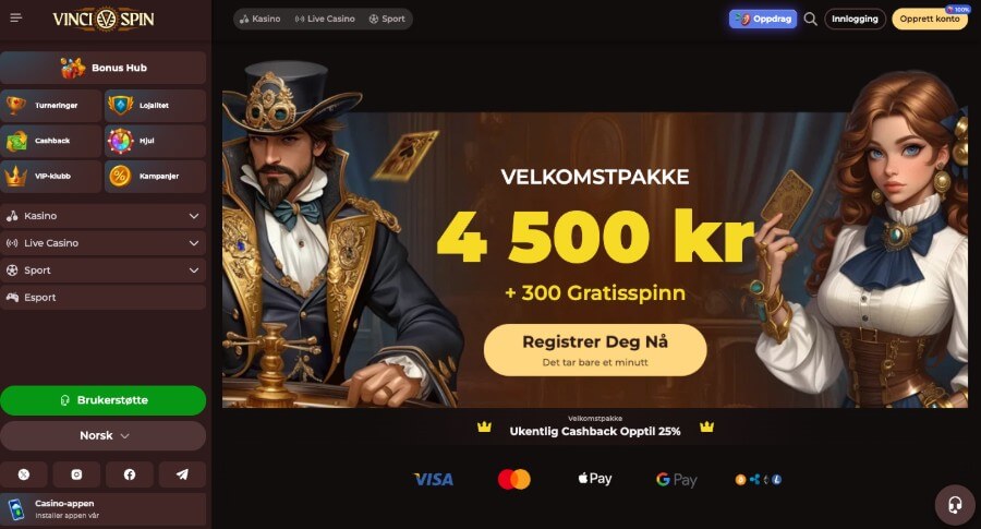 Forside og velkomstbonus hos kryptocasinoet VinciSpin
