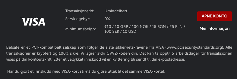 Visa-innskudd hos Betsafe