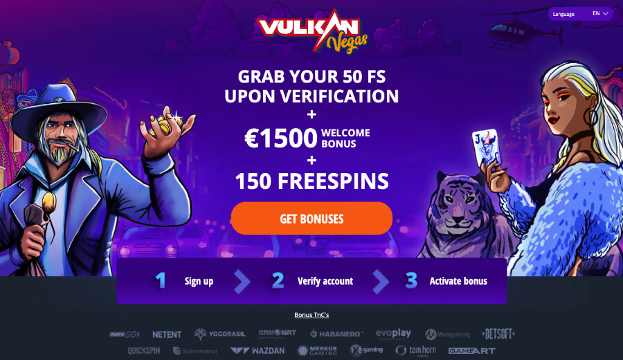 Vulkan Vegas har en velkomstbonus som også inkluderer 50 eksklusive free spins dersom du registrerer deg gjennom NorgeKasino