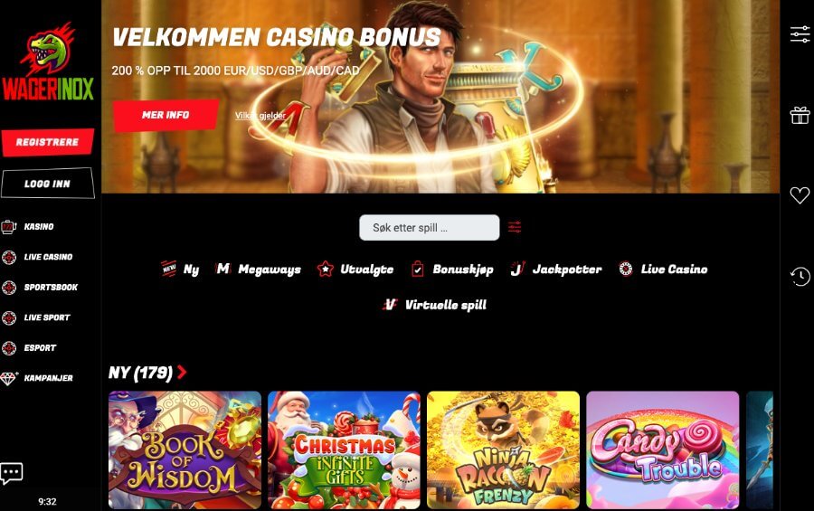 Forsiden til kryptocasinoet Wagerinox