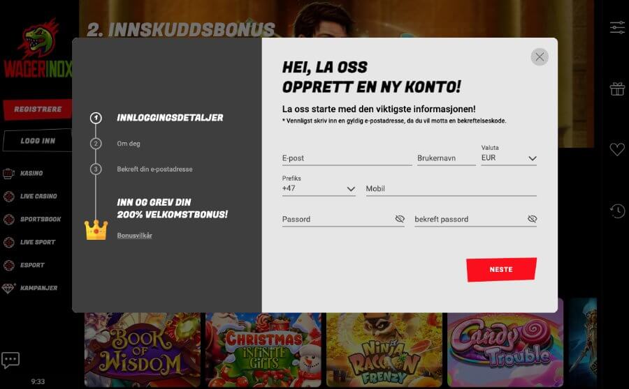 Registrering av en spillekonto hos Wagerinox er raskt og enkelt