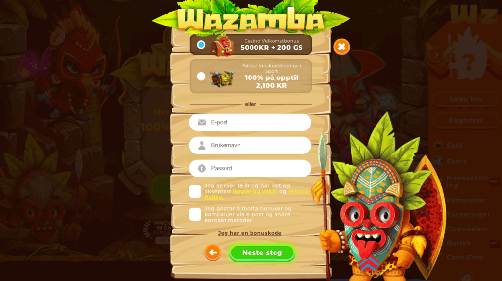 Registrering av en spillekonto hos Wazamba