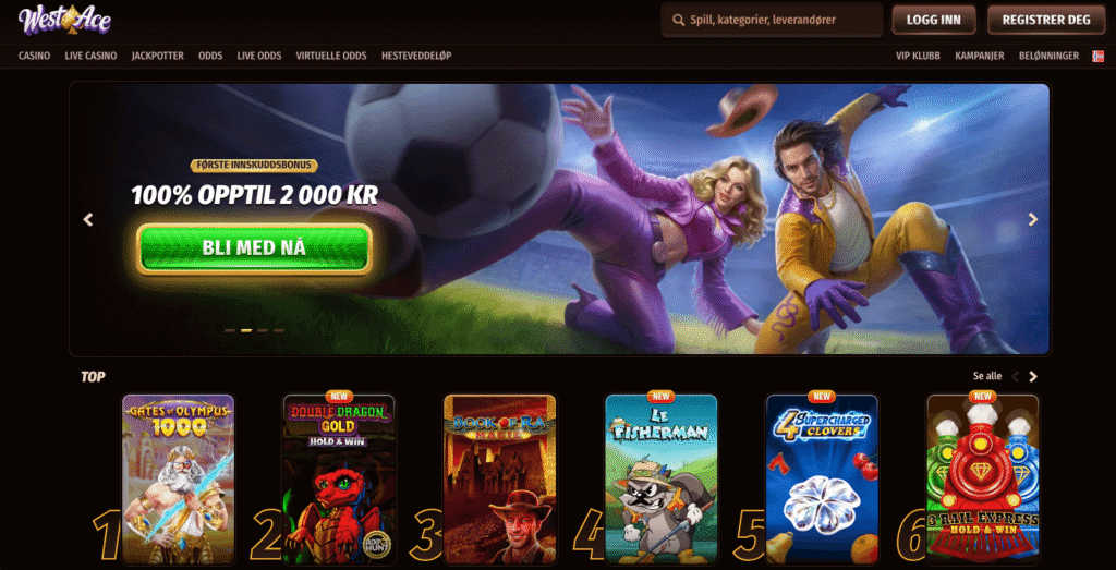 WestAce forside med bonus