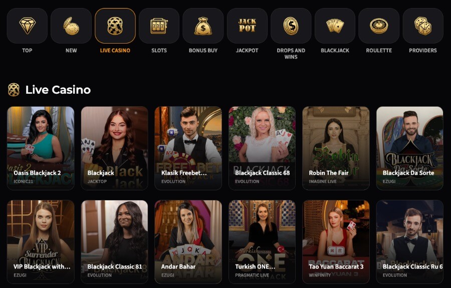 Wild Chance har et live casino med klassiske bordspill og live game show-spill