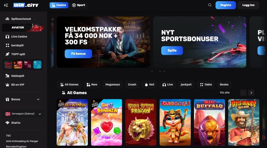 Forsiden til kryptocasinoet Win.city har et enkelt design