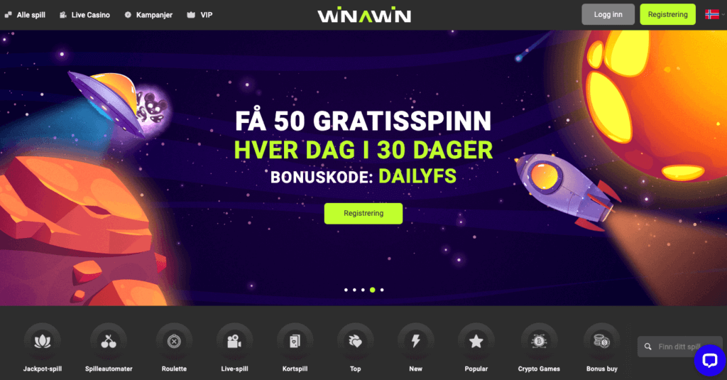 Forsiden til kryptocasinoet Winawin