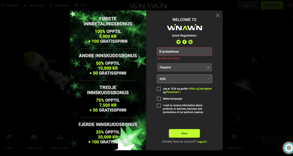 Registrering av en spillekonto hos Winawin