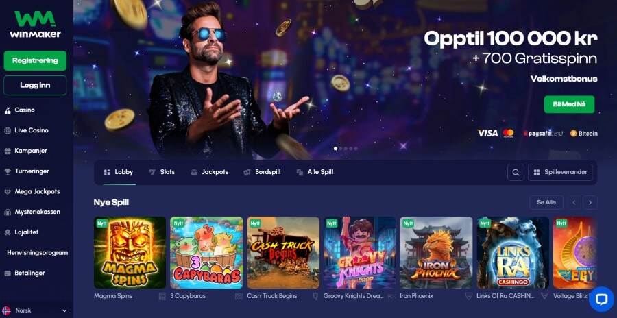 Winmaker har en flott forside og en stor velkomstbonus med free spins