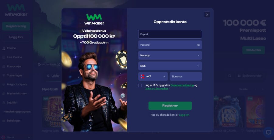 Det er enkelt og raskt å registrere en spillekonto hos kryptocasinoet Winmaker