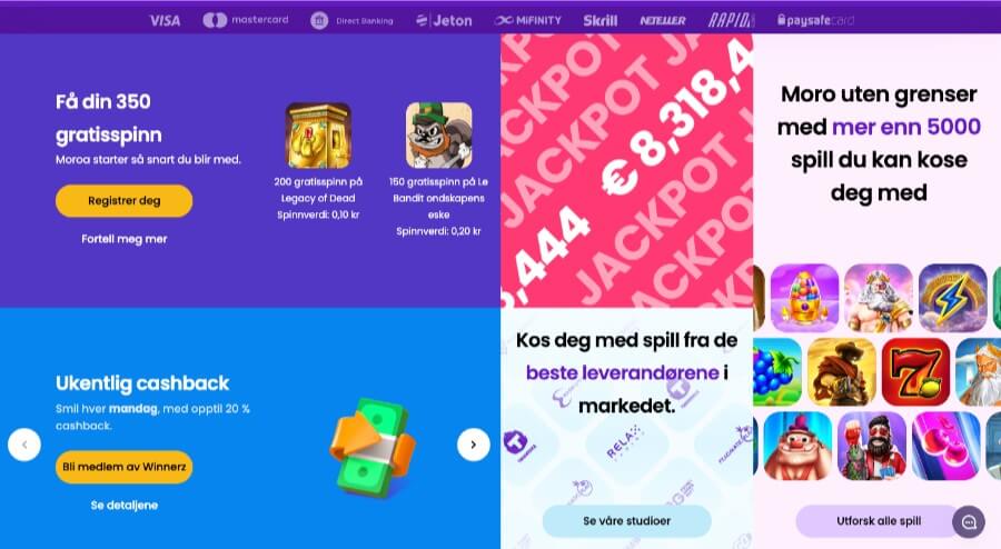 Nettsiden til Winnerz med bilde av noen betalingsmetoder