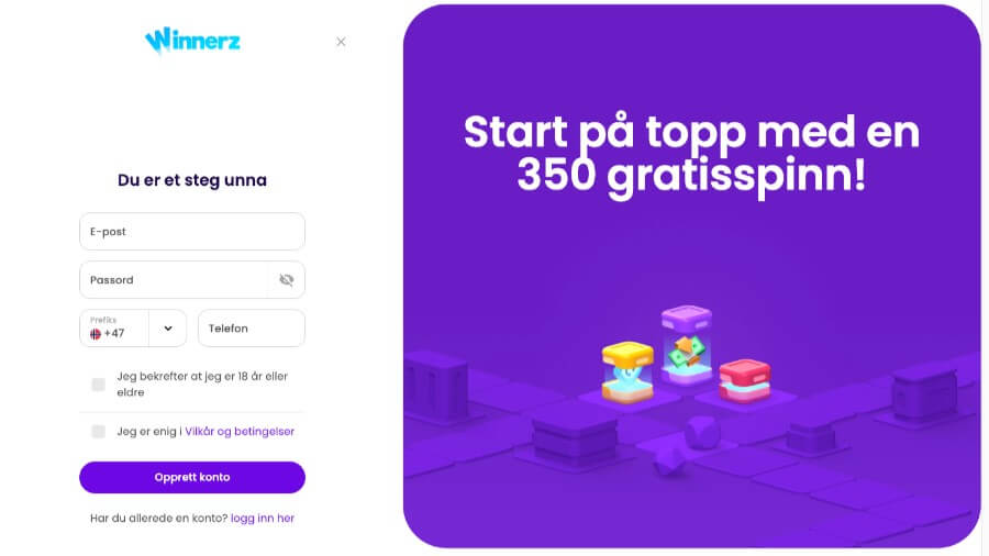Registrering hos kryptocasinoet WInnerz