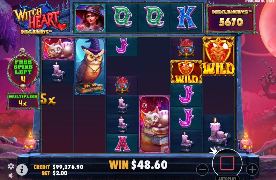Free spins med multiplikator og wilds på spilleautomaten Witch Heart Megaways™