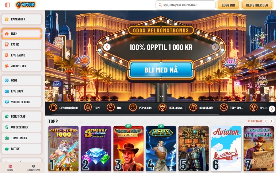 Wyns har en flott forside med en herlig velkomstbonus på enten casino eller odds