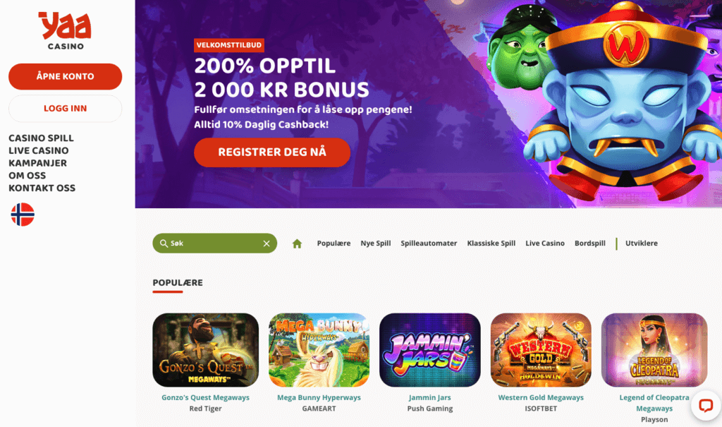 Forsiden til YaaCasino YaaCasino forside
