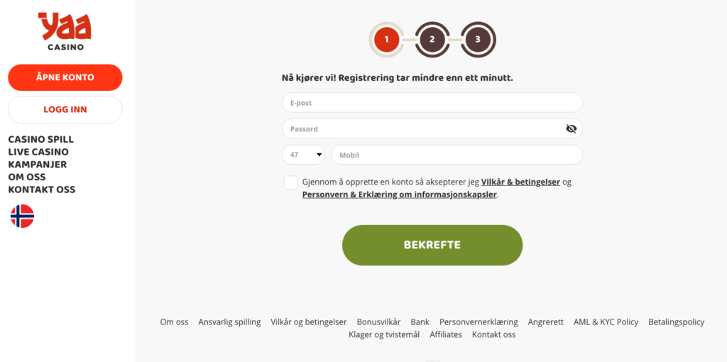 Registrering hos YaaCasino YaaCasino registrering