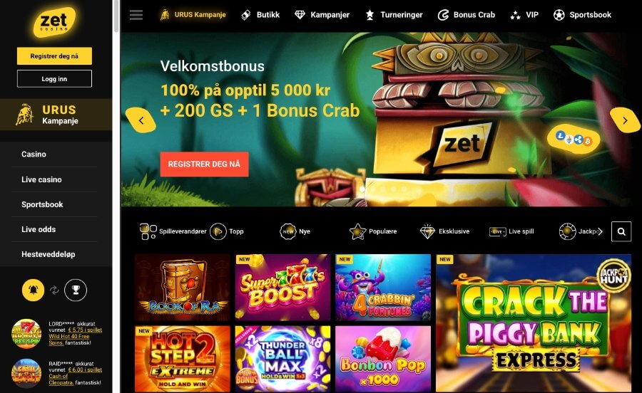 Zet Casino forside med bonus
