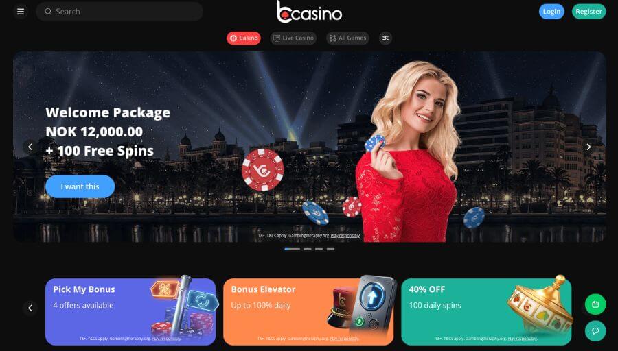 bCasino forside med bonus