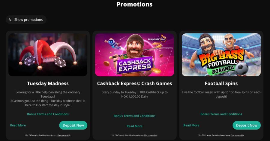 bCasino kampanjeside med tilbud