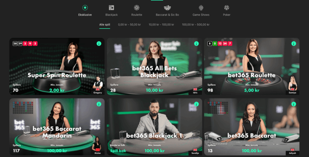 bet365 tilbyr også flere livespill i live casinoet
