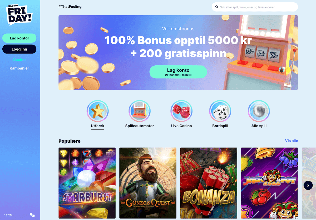 Forsiden til CasinoFriday CasinoFriday forside