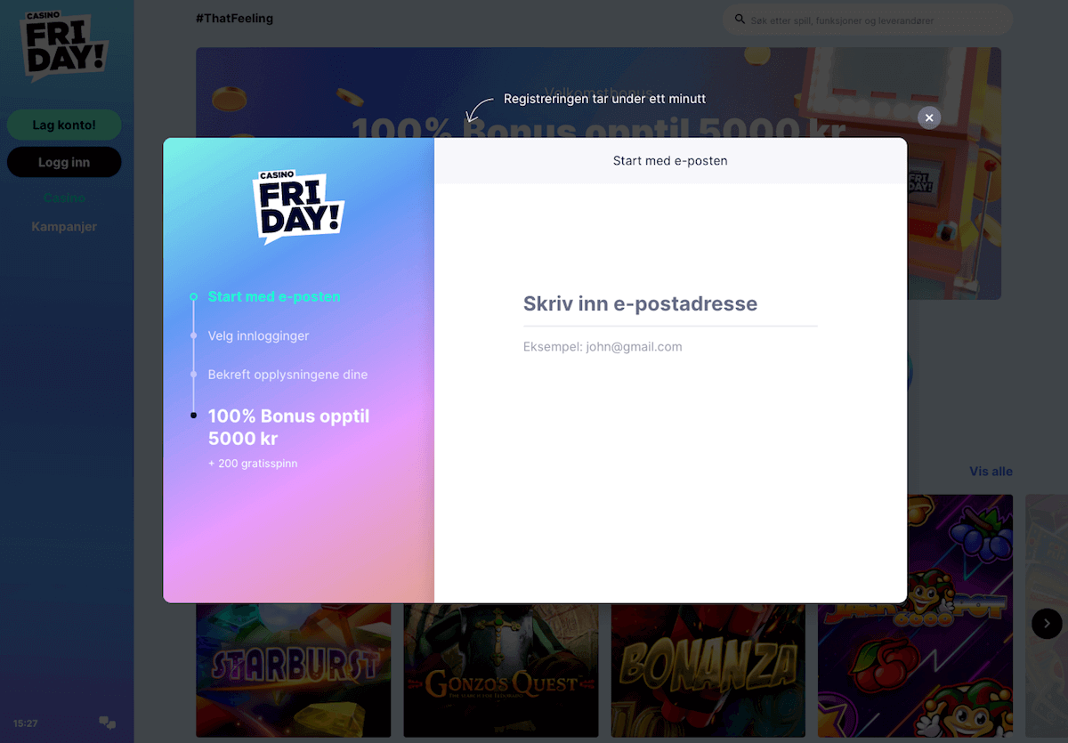 Registrering hos CasinoFriday CasinoFriday registrering