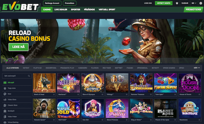 Forsiden av nettcasinoet Evobet Evobet forside