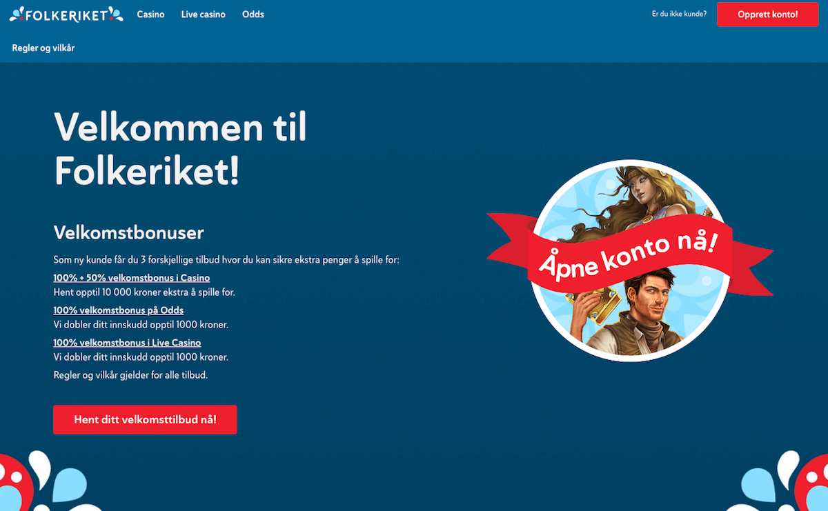 Forsiden til nettcasinoet Folkeriket Folkeriket forside