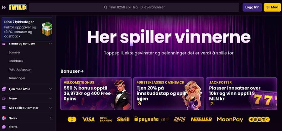 iWildCasino forside med bonus