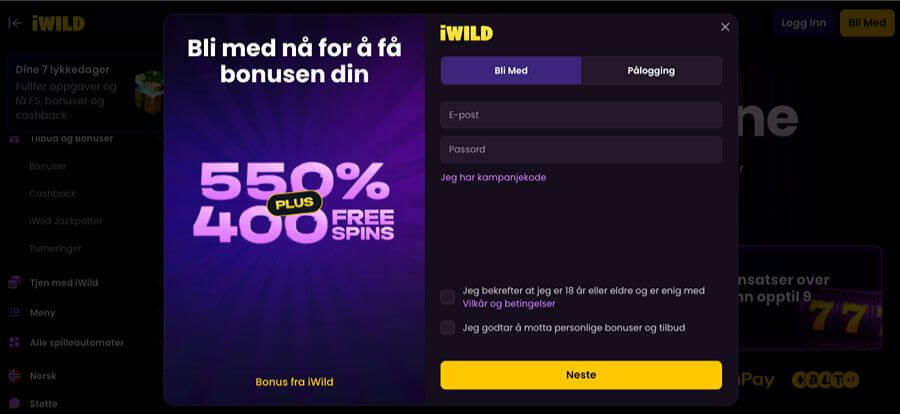 Registreringssiden til iWildCasino