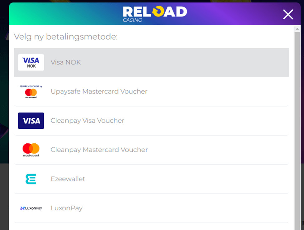 reload casino tilgjengelige betalingsmetoder